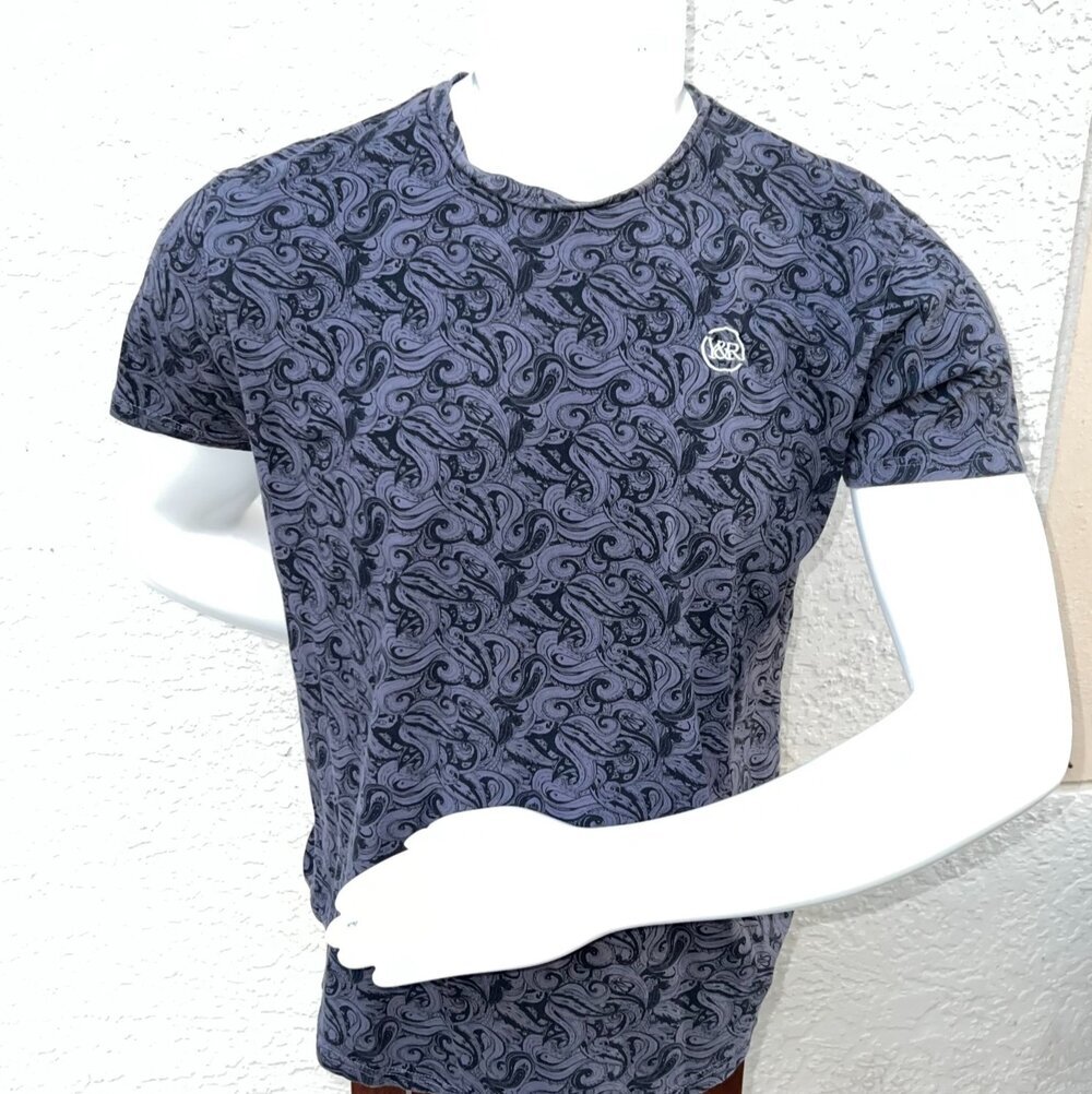 YR Young & Reckless Tee Shirt Mens Size L Black Gray Paisley Short Sleeve